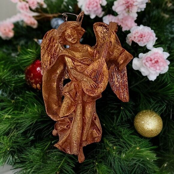 Gold Gilt Cherub Angel Ornament Figure Nativity MCM Mandolin Antiqued Wall Decor - Picture 1 of 14